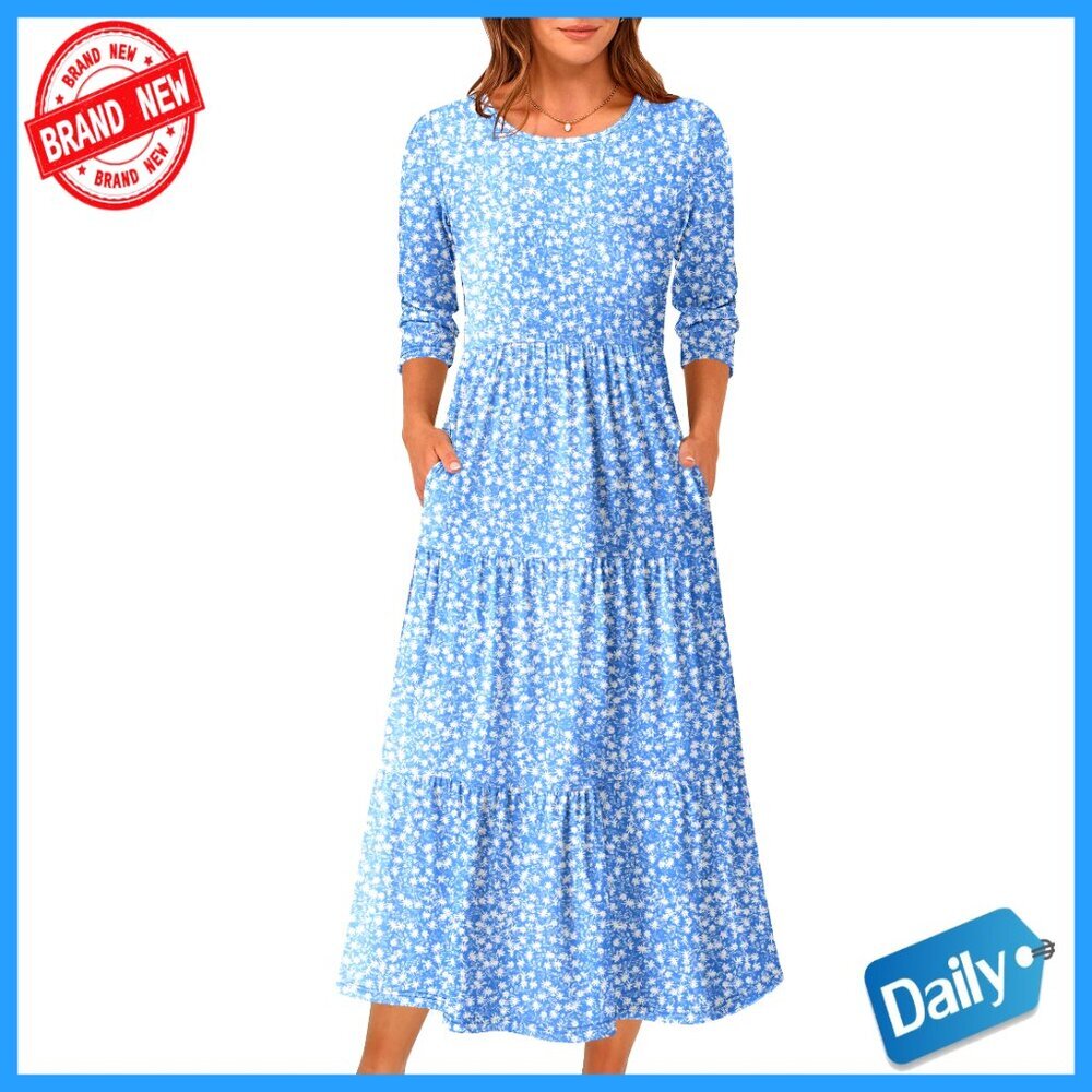 Floral Maxi Dress 3/4 Sleeve A-Line Tiered Boho Casual Summer Flowy
